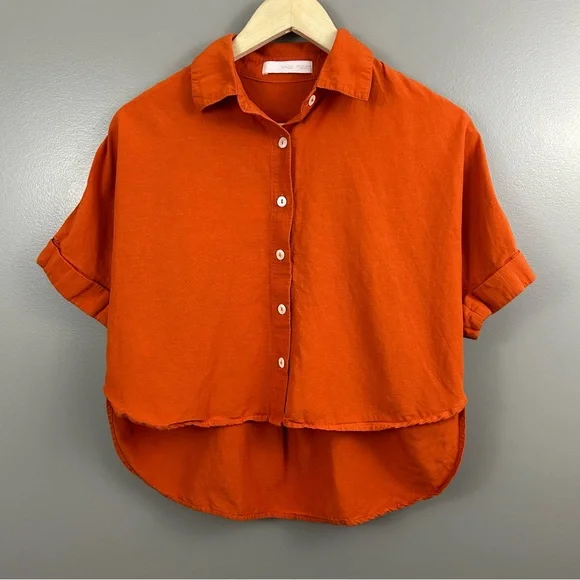 Mango Oversized Orange Linen Blend Short Sleeve Button-Up Shirt Size 2 - Picture 3 of 12